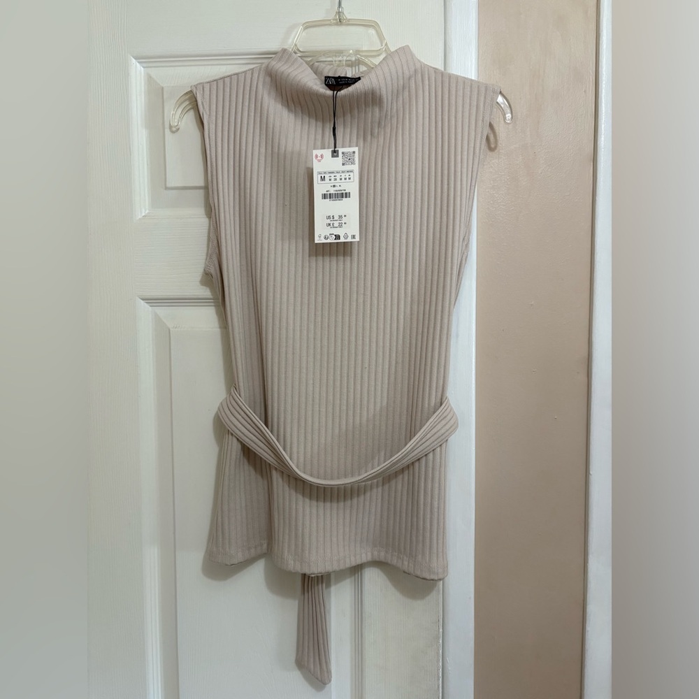 Zara Sleeveless Ribbed High Neck Beige Belted Top